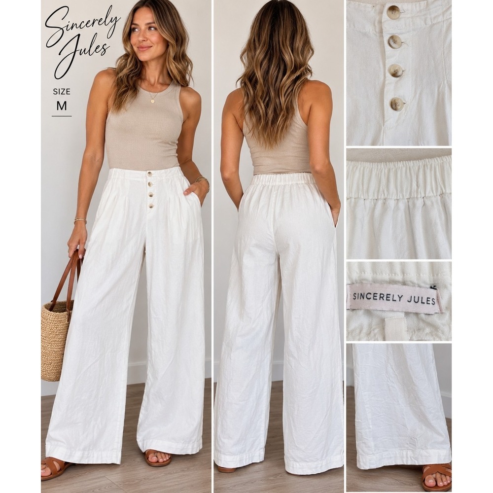 Sincerely Jules Women's Medium White Wide Leg Pants High Rise Pleated Button Fro